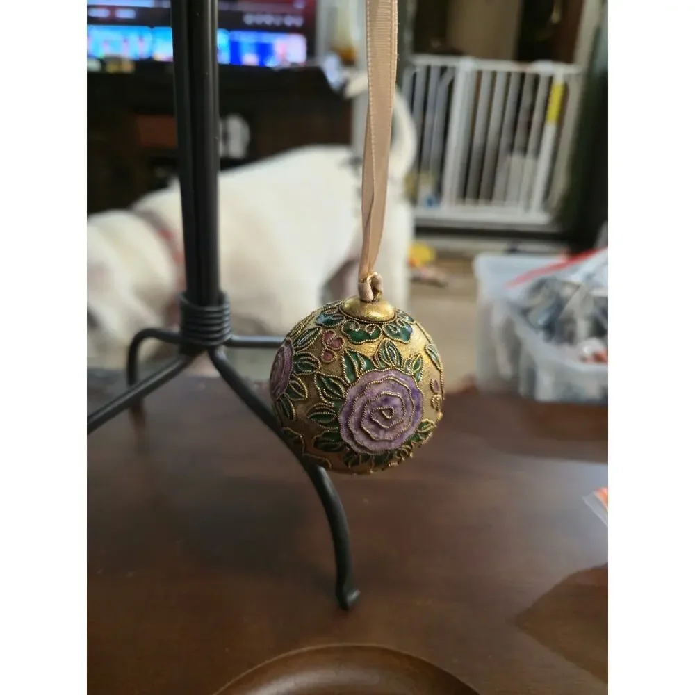 Vintage Cloisonne Enamel Ornament Floral Rose Design – Gold Tone – Hanging Ball